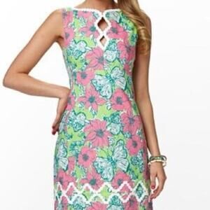 Lilly Pulitzer Blooming Cocoon Sleeveless Shift Dress Pink Green Ric Rac Size 0